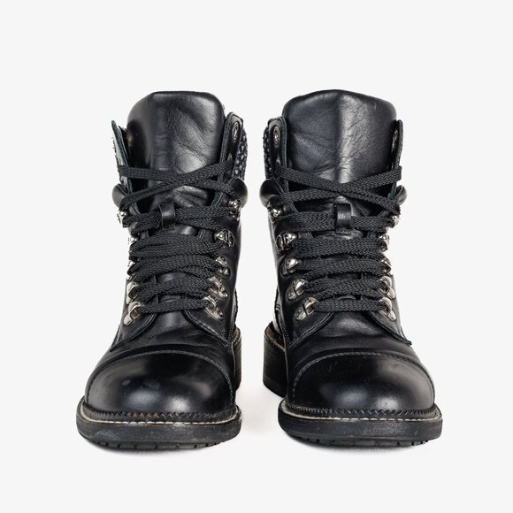 Chanel 15A Black Leather Tweed-Trim Lace-Up Short Boots, Size 6 - Picture 2 of 12